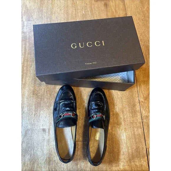 Gucci Loafers Web Grossgain Horsebit Black Patent Flats Shoes Sz 37.5 Mocassins - Picture 8 of 8